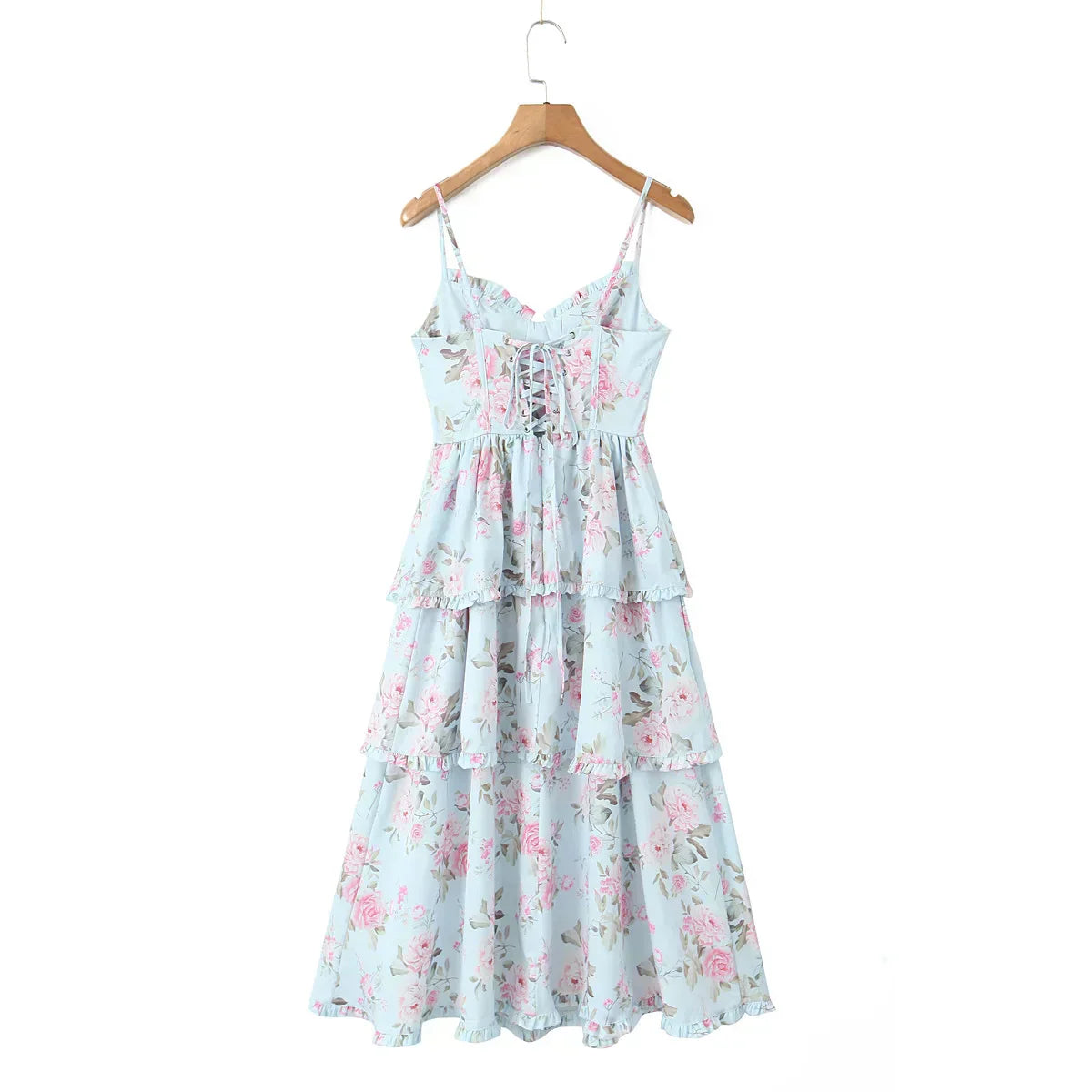 Floral Corset Sweetheart Tiered Ruffle High Low Midi Dress