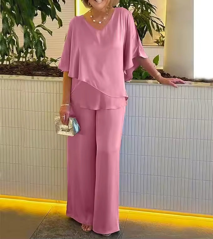 V-Neck Cape Overlay Top and Wide Leg Pants Two Piece Set
