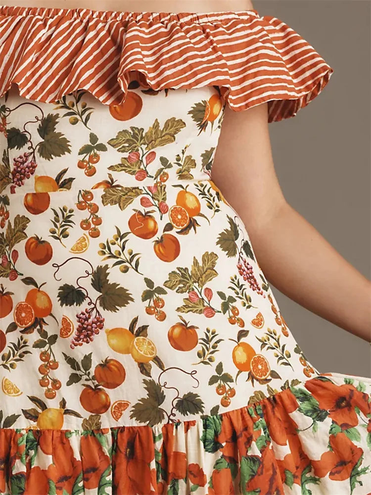 Slash Neck Ruffle Cocktail Floral Dress - View 5