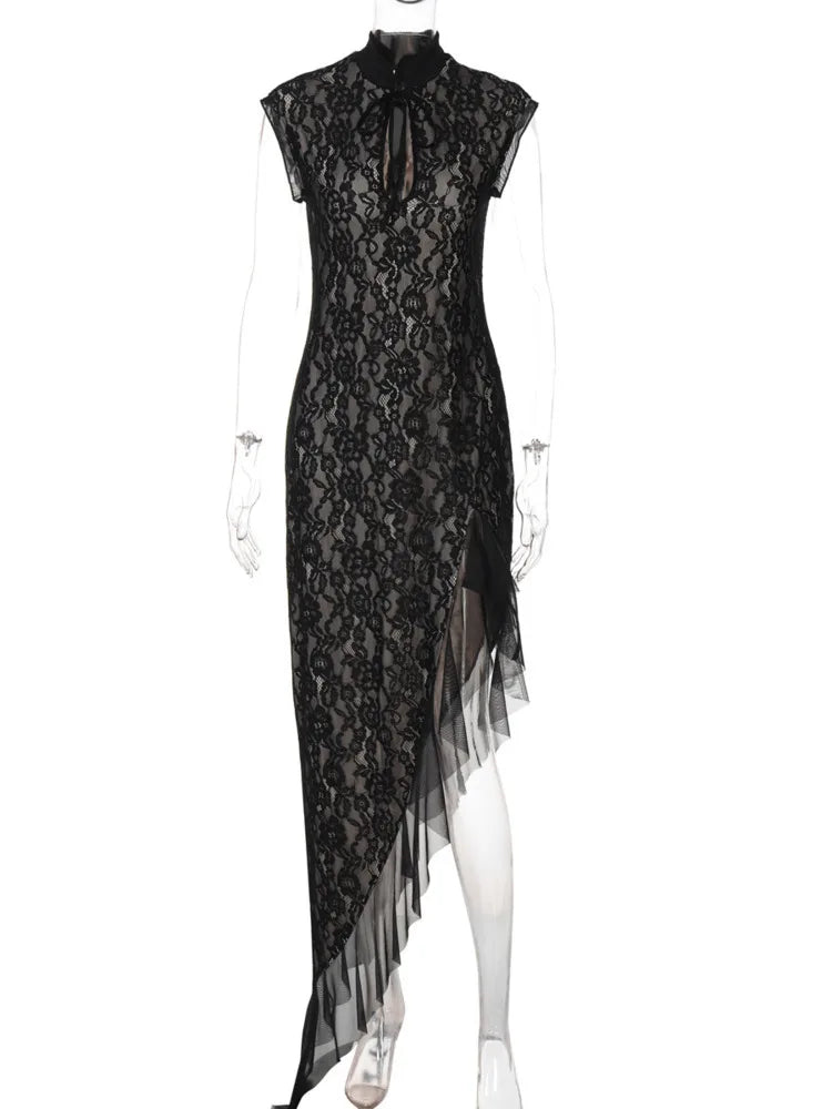 Mesh Lace Ruffled Black Hollow Out Long Dress - View 6