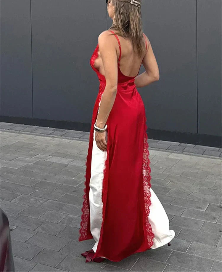 Lace Trim V-Neck Sleeveless High Split Slip Maxi Dress 4