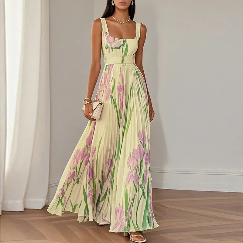Floral Square Neck Sleeveless Pleated A-Line Maxi Dress