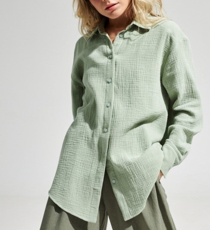 Textured Gauze Collared Button Up Long Sleeve Oversized Shirt 2