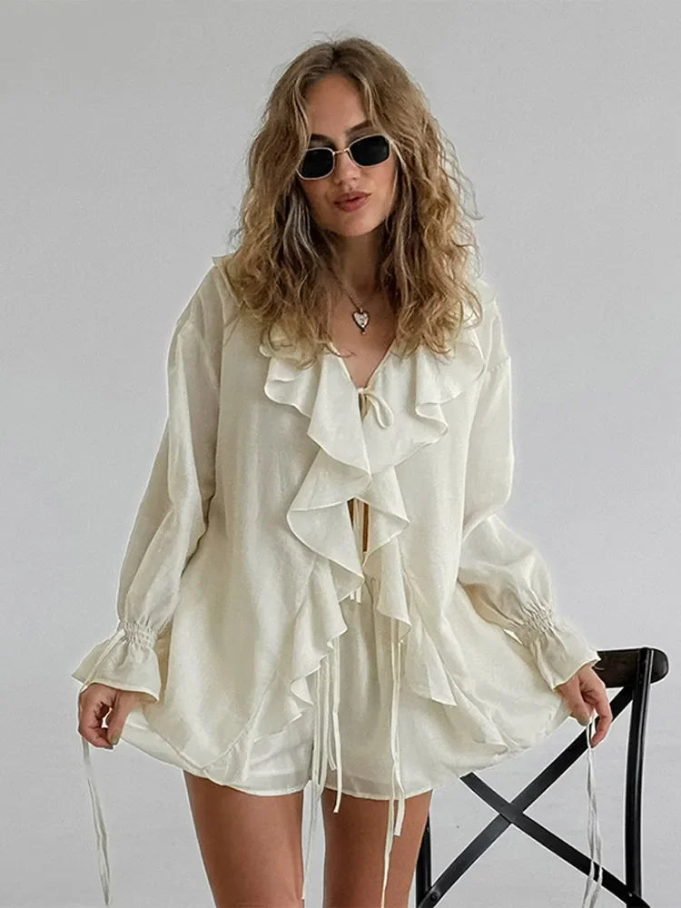 Deep V-Neck Ruffle Long Sleeve Smocked Cuff Blouse Drawstring Shorts Two Piece Set