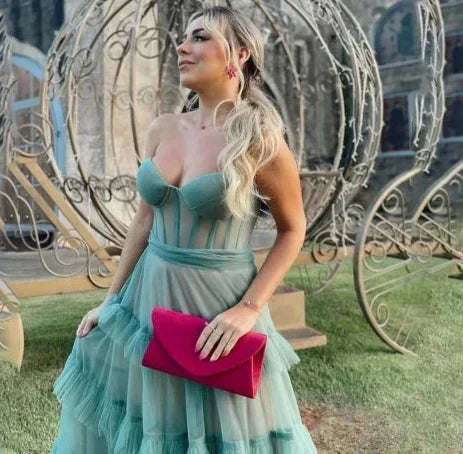 Strapless Sweetheart Corset Tiered Ruffle Tulle Maxi Gown