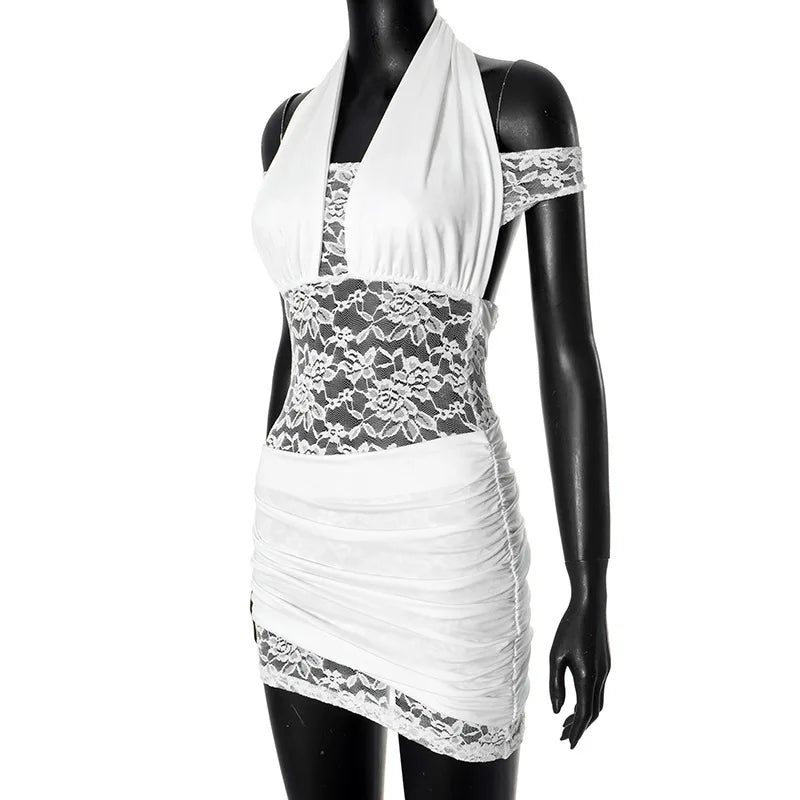 Lace Halter Neck Off Shoulder Ruched Bodycon Mini Dress