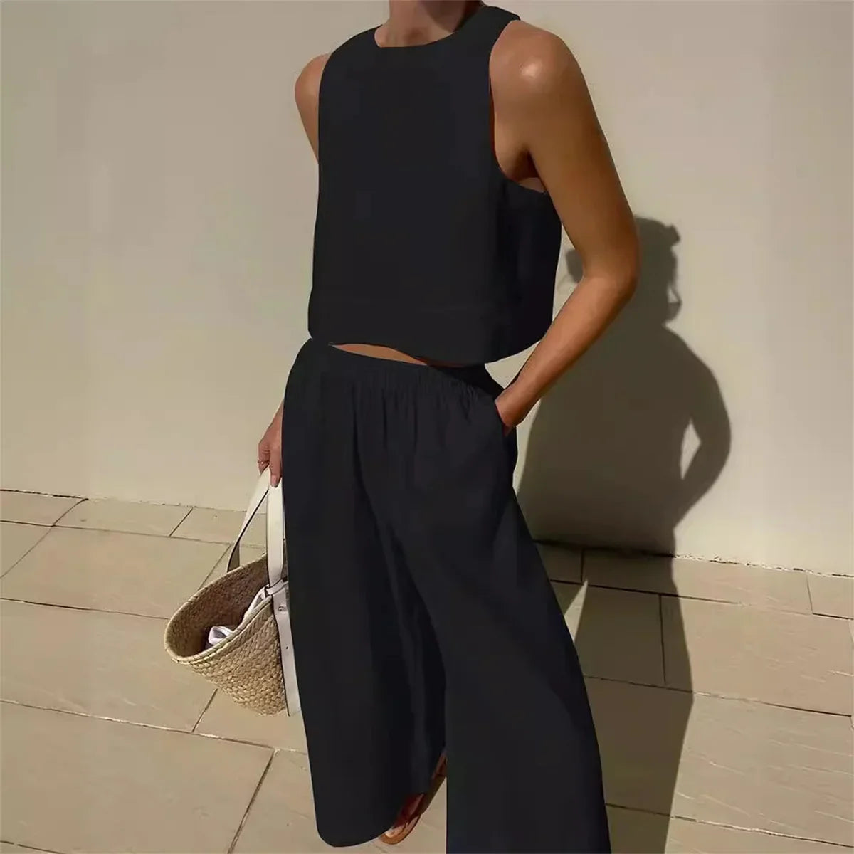 Sleeveless Wide Leg Two Piece Pants Set