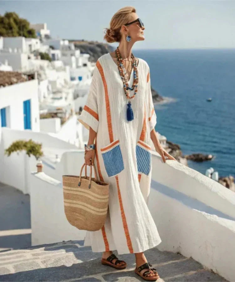 V-Neck Striped Trim Three Quarter Sleeve Beach Cover Up Kaftan