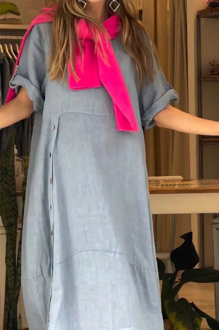 V-Neck Roll Tab Sleeve Pocket Oversized Maxi Dress