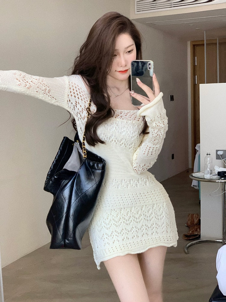 Y2k Sexy Gown Korea Mini Slim Brief Long Arm Gown Lace Party Knitted Gown Vintage