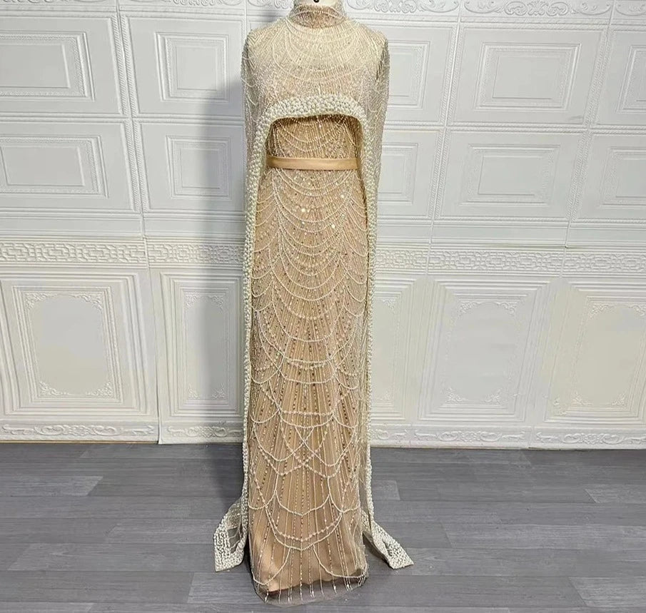 Beaded High Neck Cape Sleeve Sheer Mermaid Gown