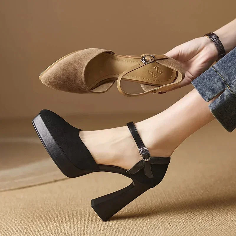 Suede Ankle Strap Platform Block Heel Pumps