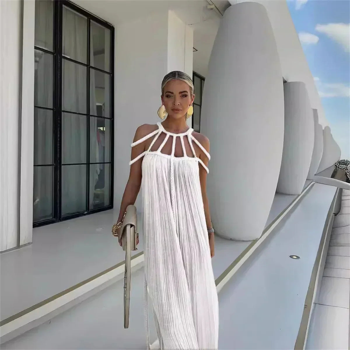 Braided Rope Trim One Shoulder Belted High Split Maxi Dress