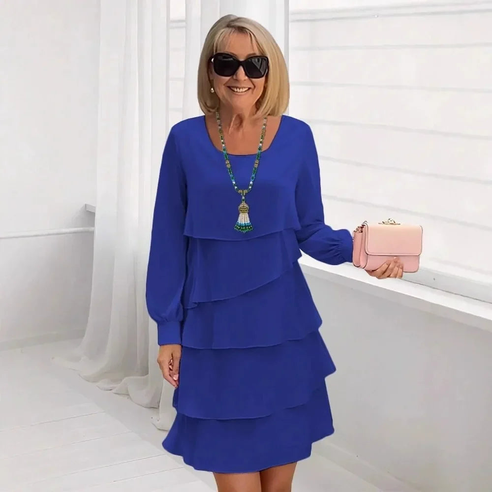 Round Neck Long Sleeve Tiered Ruffle Midi Dress