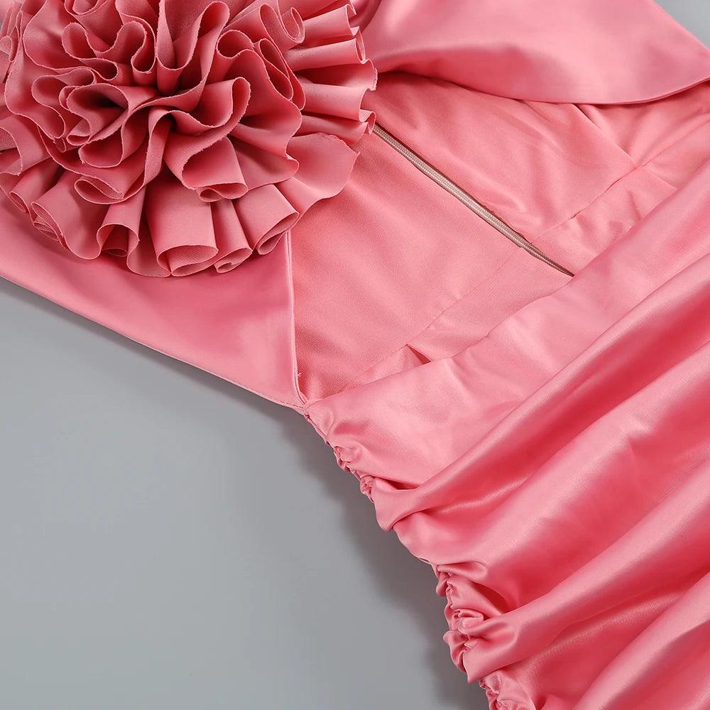 Satin One Shoulder Long Sleeve Rosette Cut Out Ruched Mini Dress 6