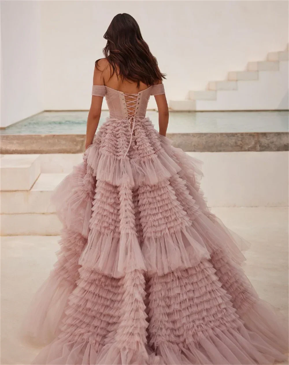 Tulle Off Shoulder Tiered Ruffle Lace Up Back Ball Gown