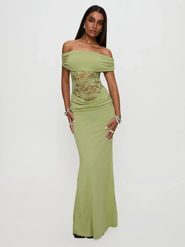 Off - shoulder Strapless Green Lace Sheer Long Dress - View 2