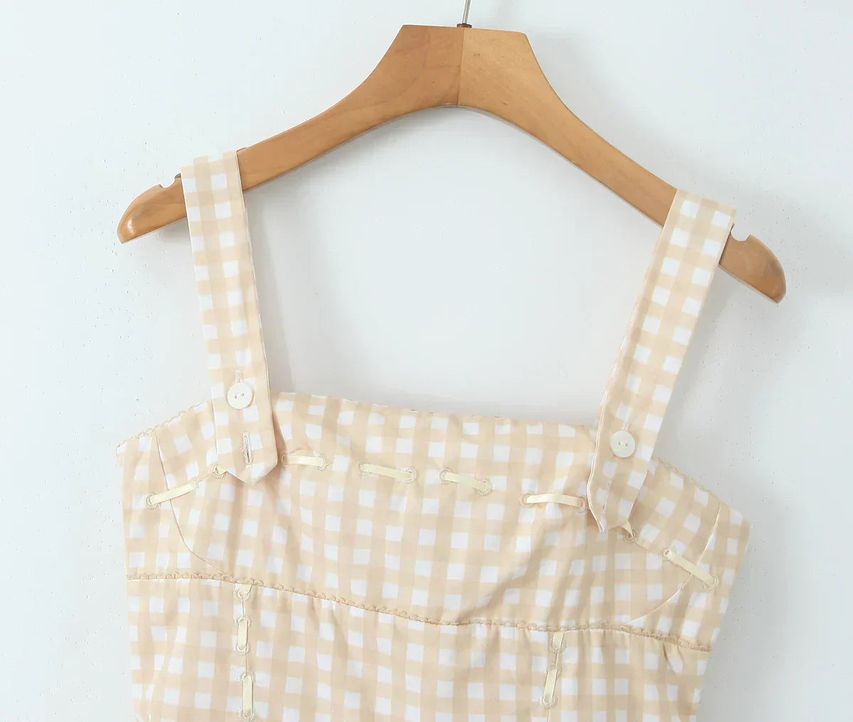Gingham Print Square Neck Corset Paneled Pleated Fit and Flare Mini Dress