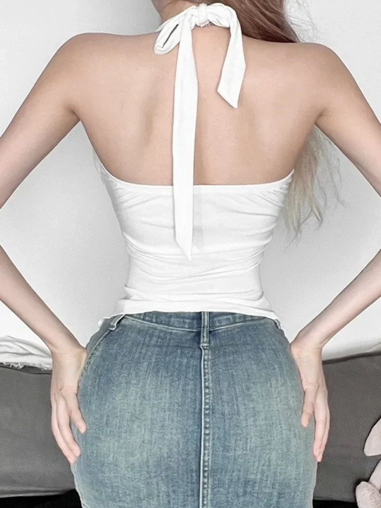 Sequined Halter Tie Back Sheer Top