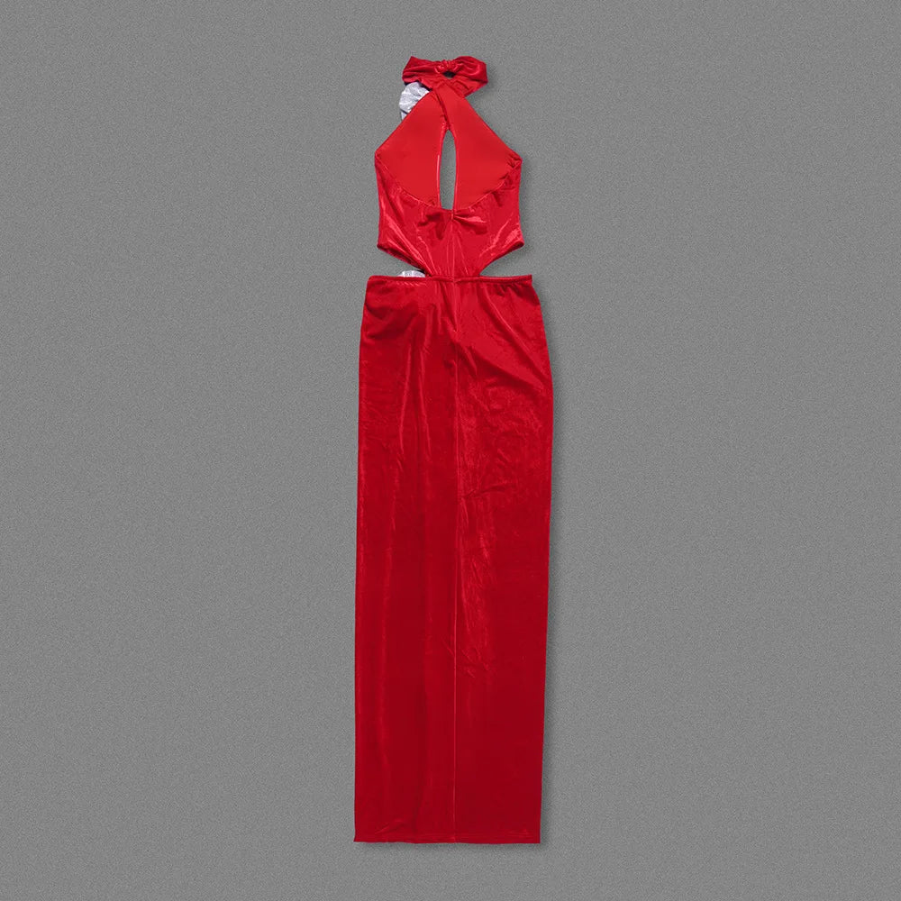 Red Velvet Maxi 3D Flower Evening Gown