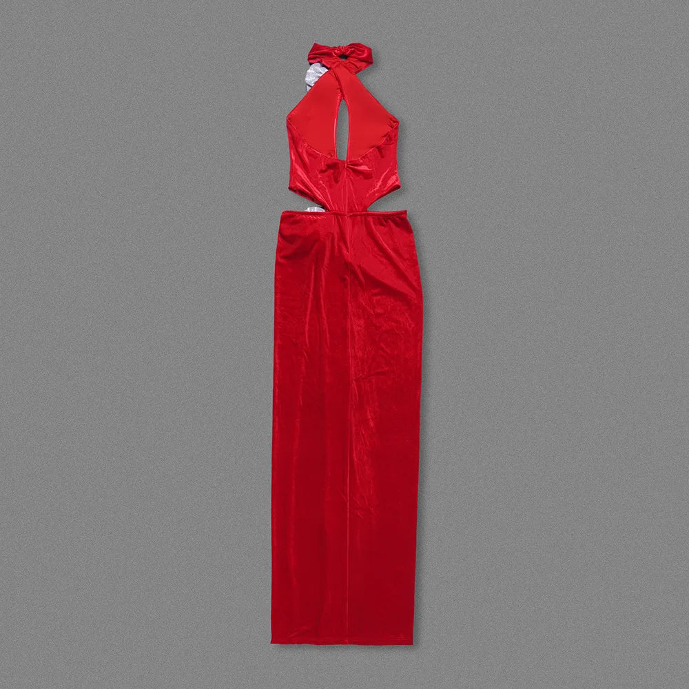 Velvet Halter Neck Cut Out 3D Flower High Split Maxi Dress
