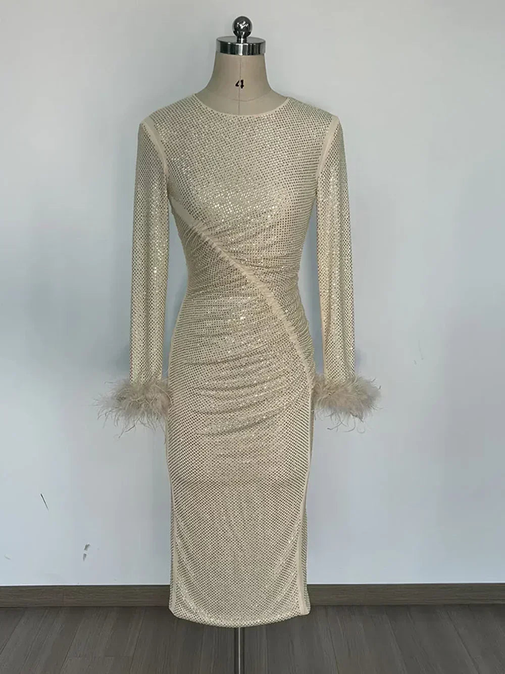 Crew Neck Long Sleeve Feather Cuff Rhinestone Mesh Ruched Midi Dress 8