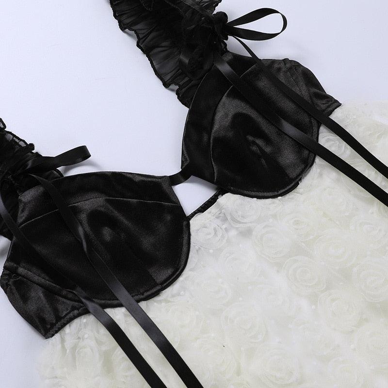 Bustier Sweetheart Ruffle Strap Rosette Organza Mini Dress