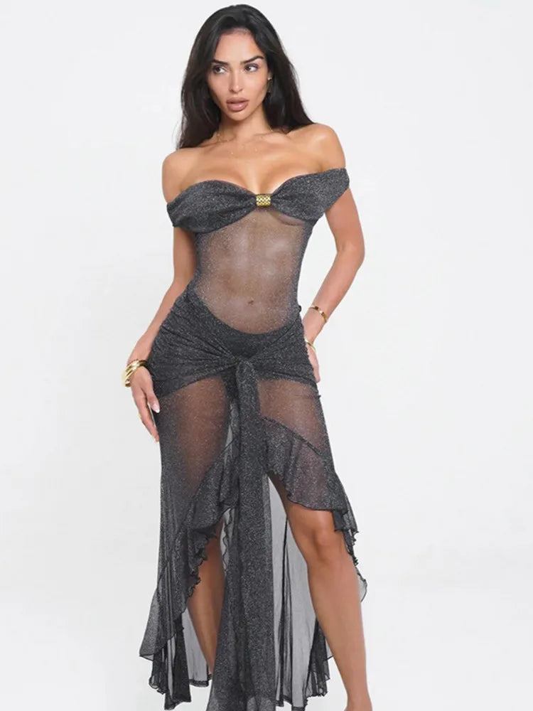 Mesh Ruffled Gray Off - shoulder Long Dress - View 9
