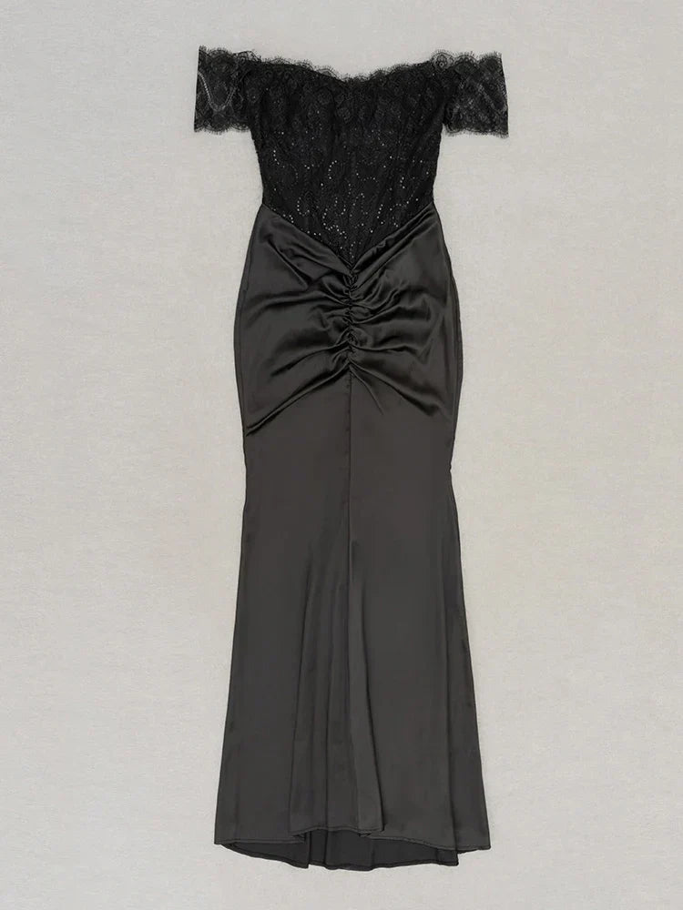Lace Corset Off Shoulder Sweetheart Ruched Front Maxi Gown