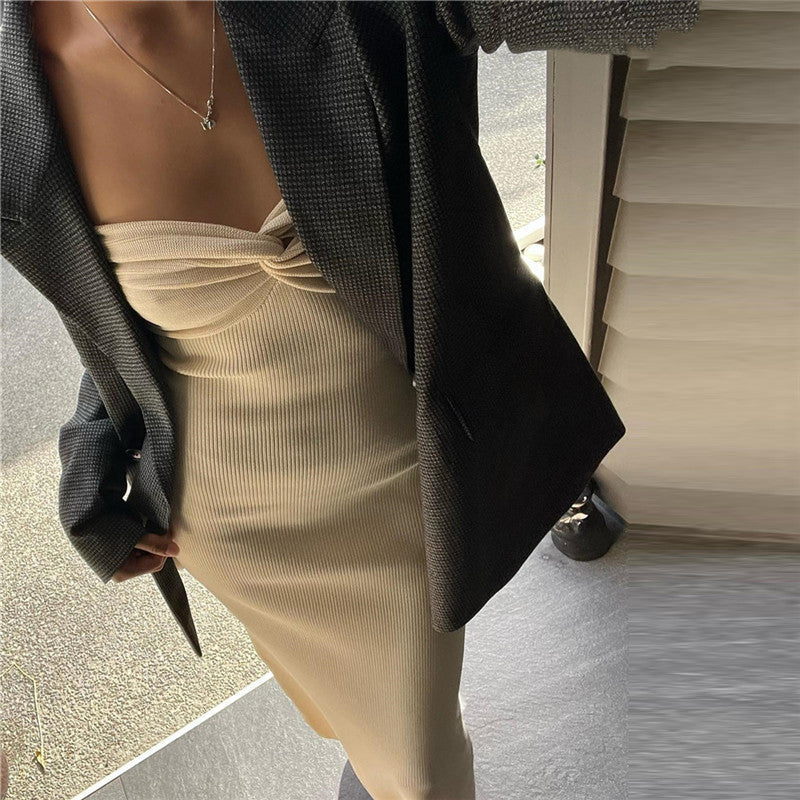 Knit Strapless Twist Front Sweetheart Neck Bodycon Midi Dress 17
