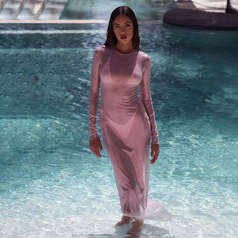 Mesh Long Sleeve Crew Neck Bodycon Maxi Dress