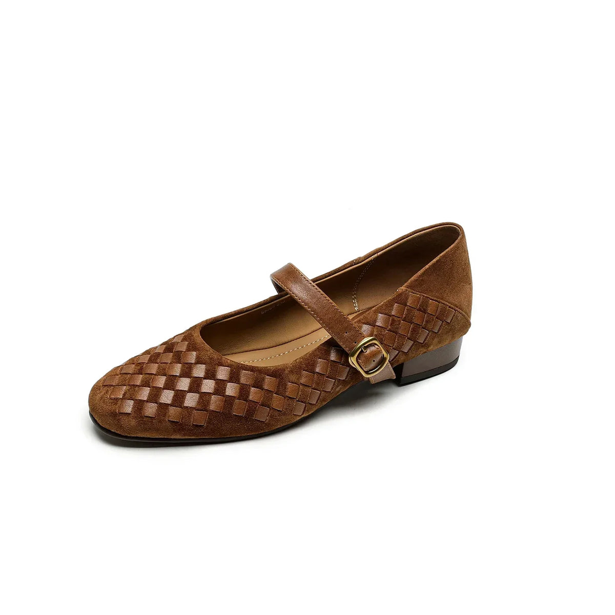 Woven Suede-Look Square Toe Buckle Strap Mary Jane Flats