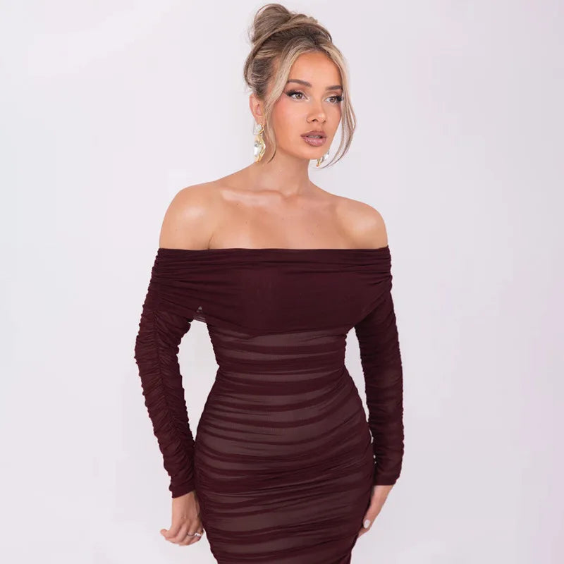 Off - shoulder Slash Neck Solid Maxi Dress