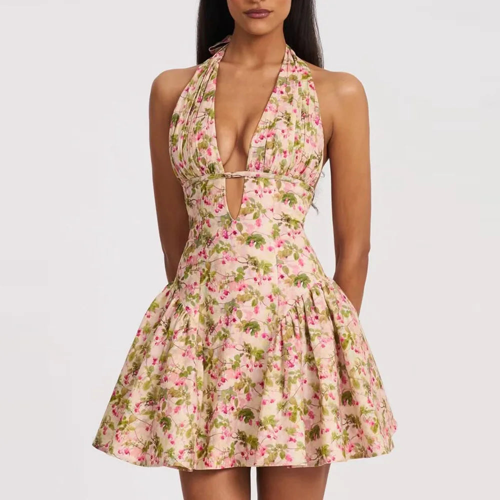 Animal Print Halter Deep V-Neck Fit and Flare Mini Dress