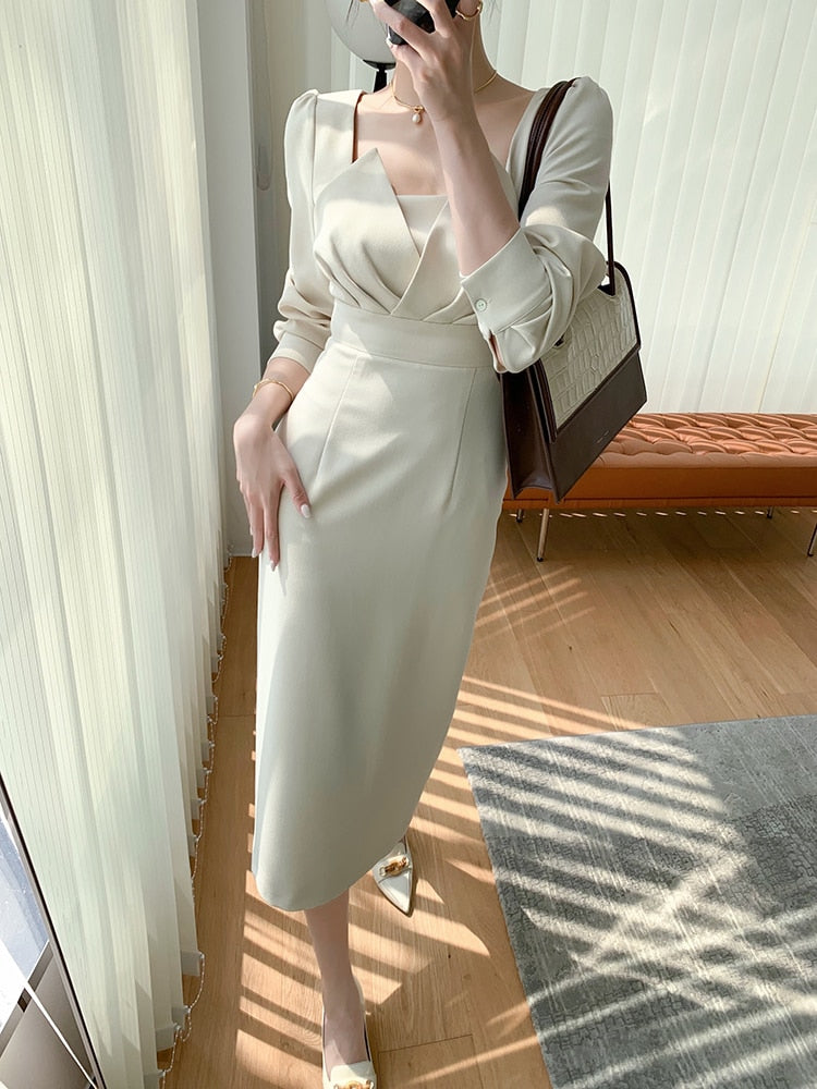 Satin Square Neck Long Sleeve Wrap Midi Dress