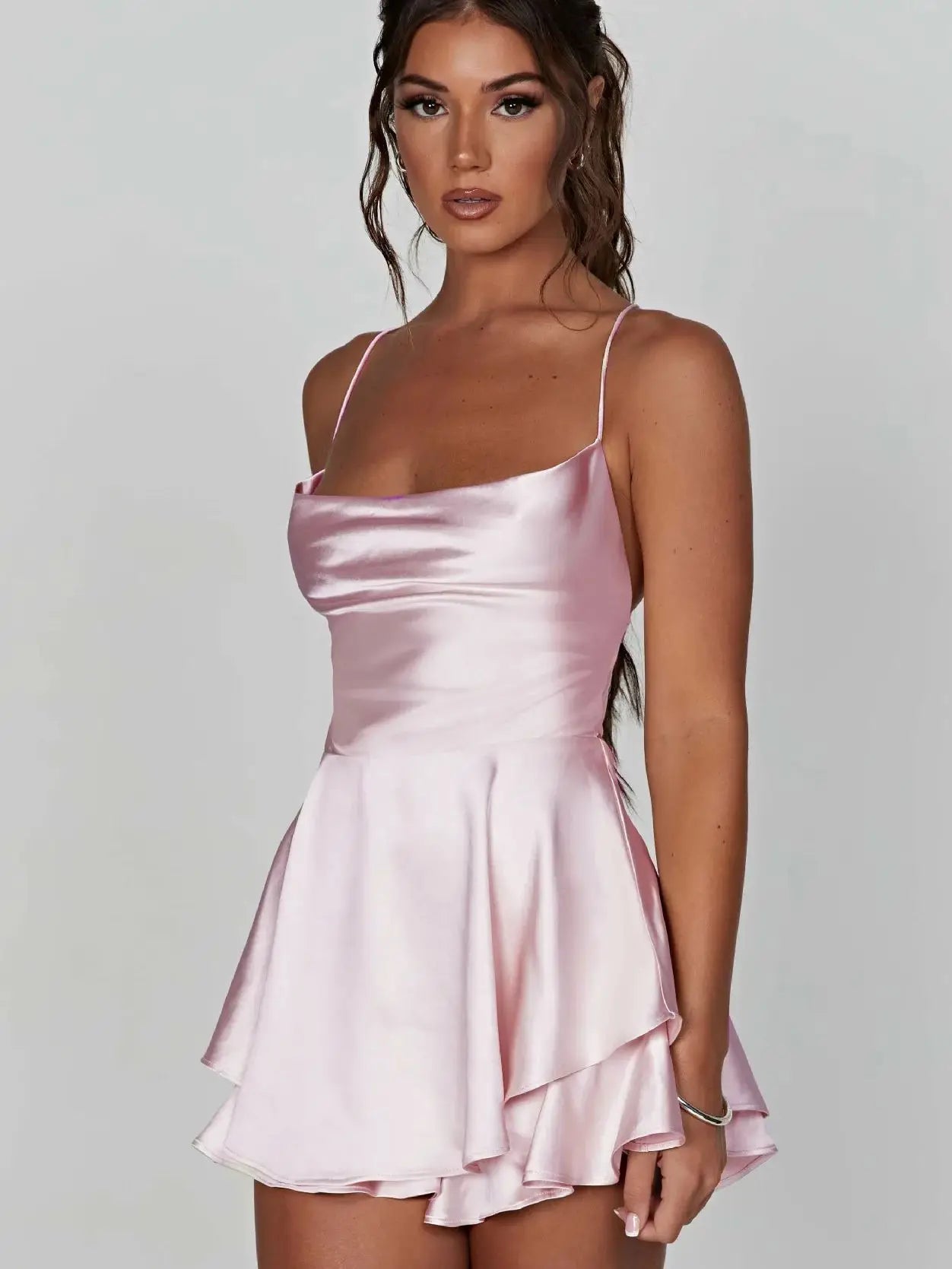 Satin Cowl Neck Spaghetti Strap Tiered Ruffle Flared Mini Dress
