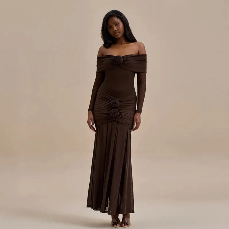 Off Shoulder Long Sleeve Rosette Mermaid Gown