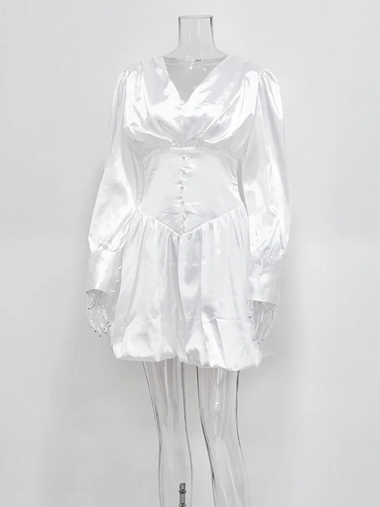 Deep V-Neck Puff Sleeve Corset Waist Bubble Skirt Mini Dress