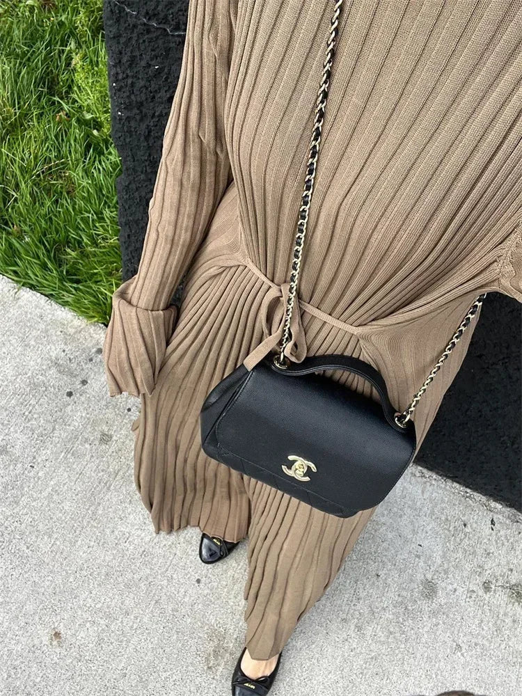 Ribbed Knit Mock Neck Bell Sleeve Bodycon Maxi Dress