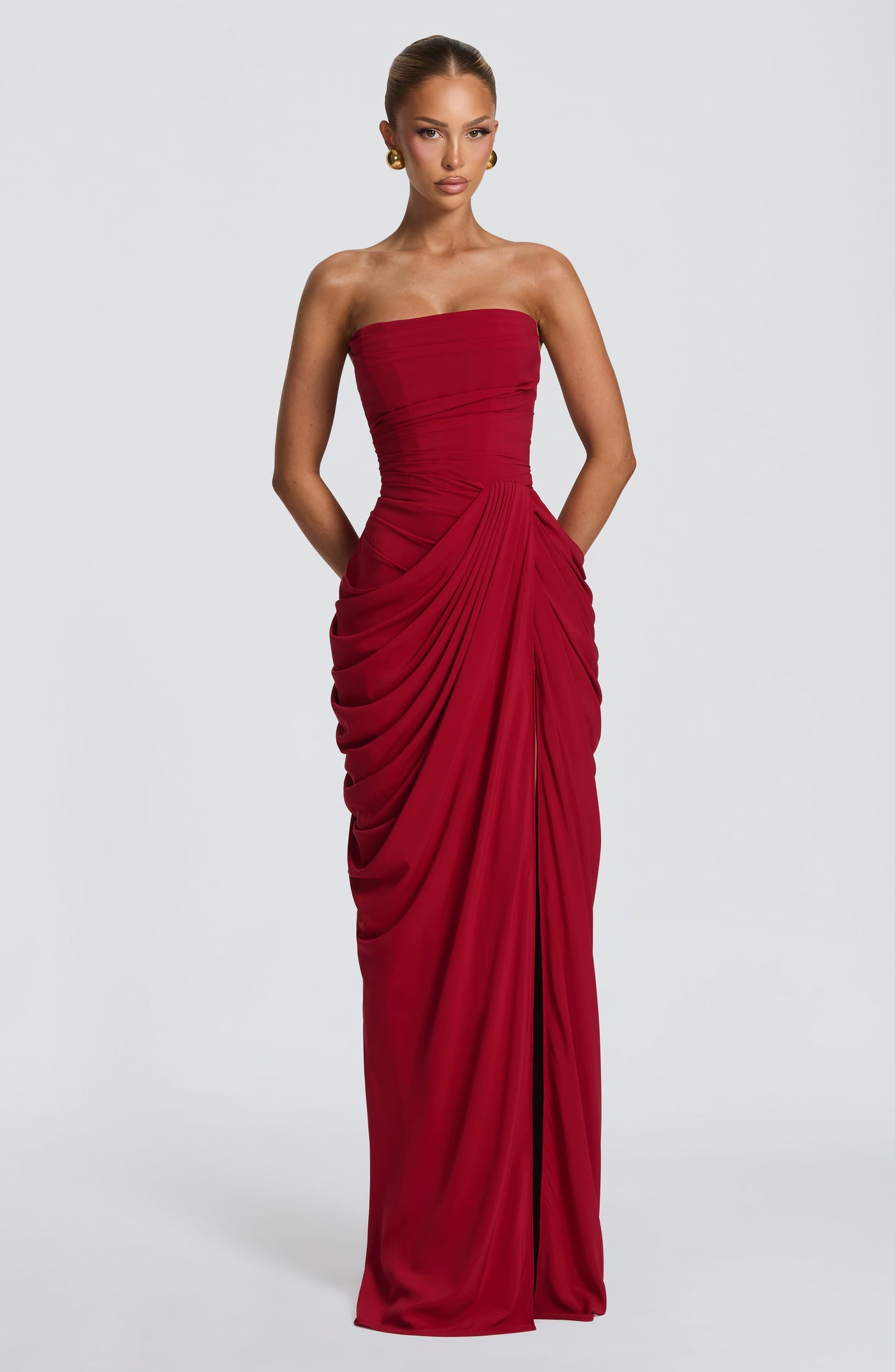 Strapless Ruched Draped High Split Maxi Gown 4