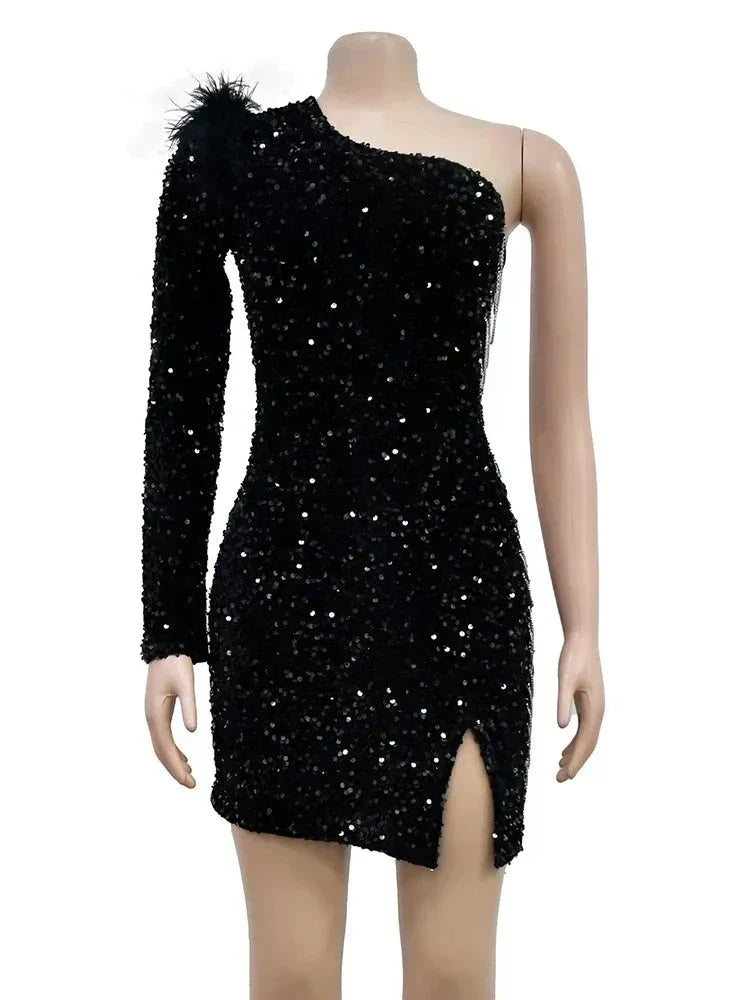 Sequin One Shoulder Feather Trim Chain Detail Back Zip Mini Cocktail Dress