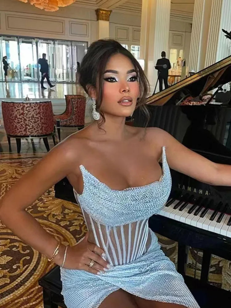 Strapless Mesh Sequins Ruffles Maxi Dress - View 2
