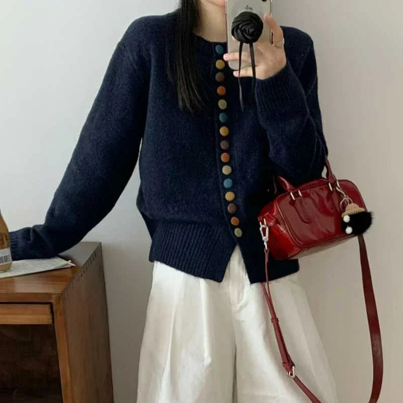 Crew Neck Button Front Ribbed Knit Cardigan