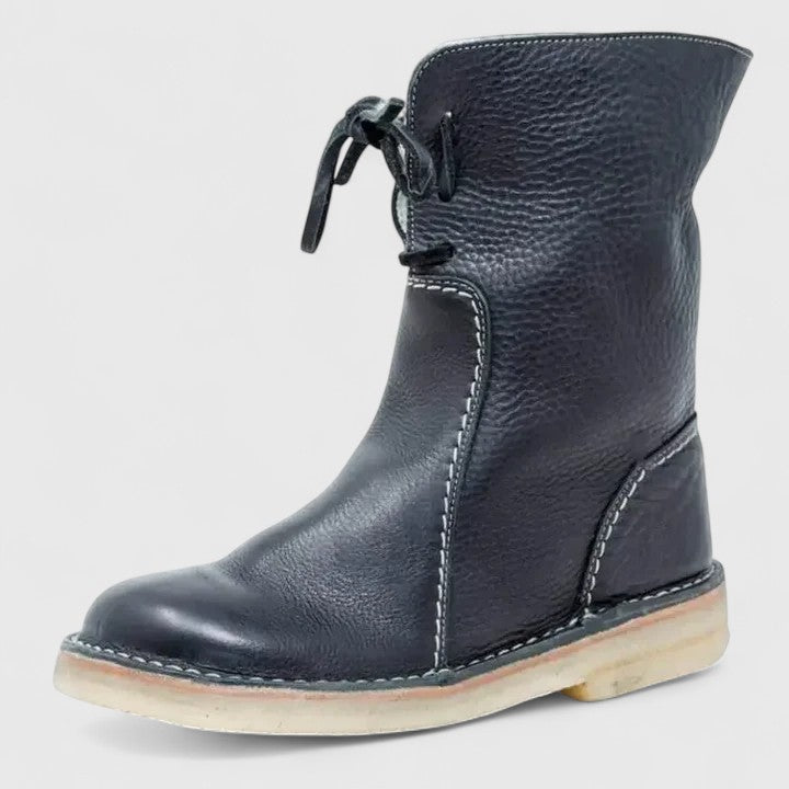 Fleece Cuff Lace Up Leather Ankle Boots