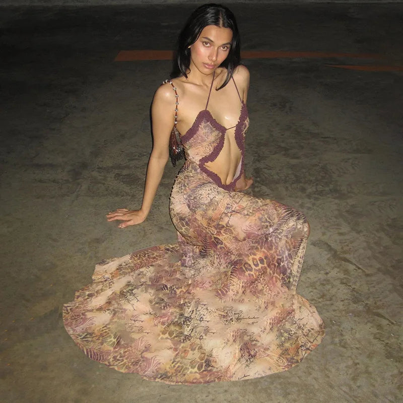 Animal Print Halter Neck Cut Out Lace Trim Mermaid Maxi Dress