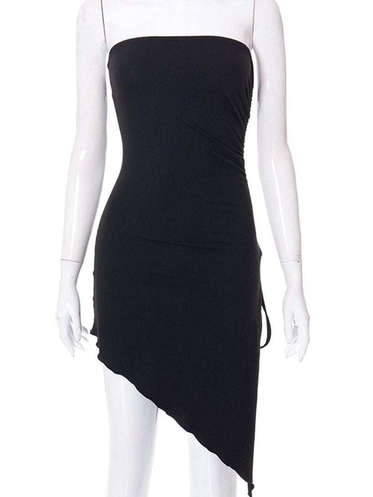 Strapless Ruched Drawstring Side Split Asymmetric Hem Tube Mini Dress 4
