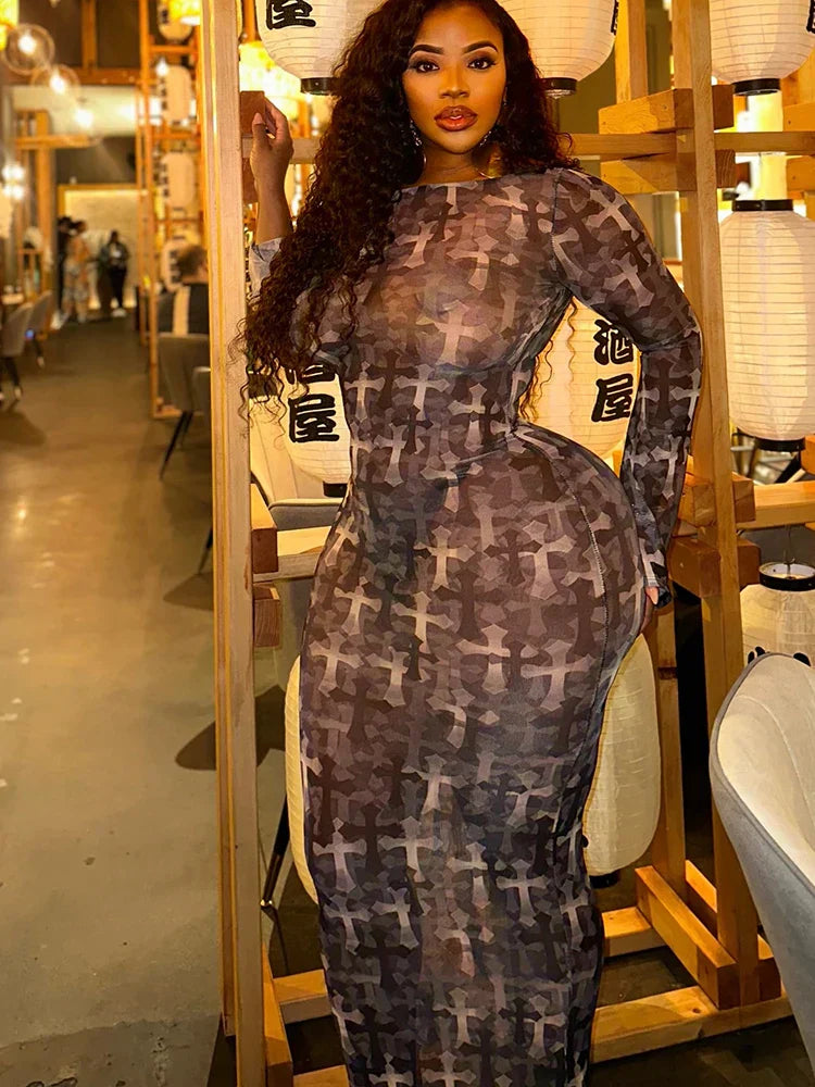 Mesh Print Colorblock Sheath Midi Dress - View 4
