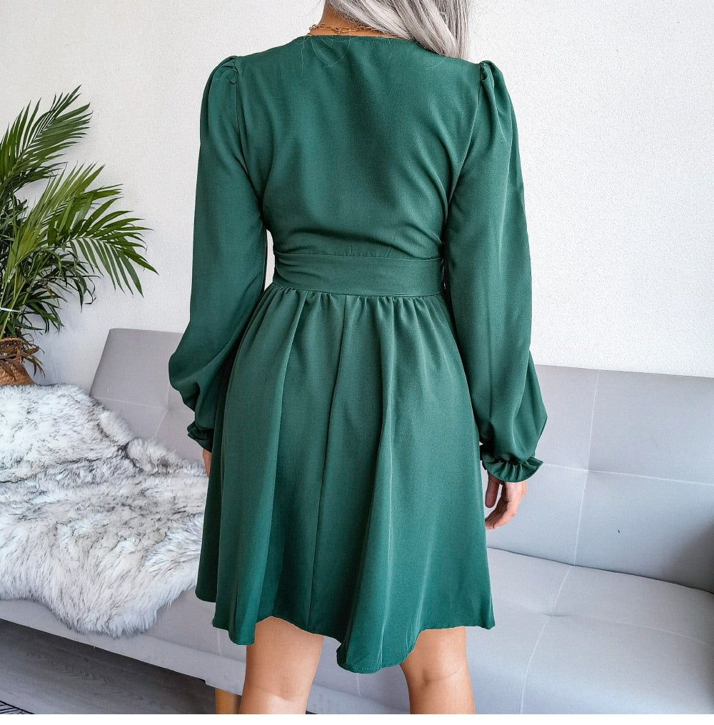 Deep V-Neck Puff Sleeve Ruched Waist A-Line Mini Dress