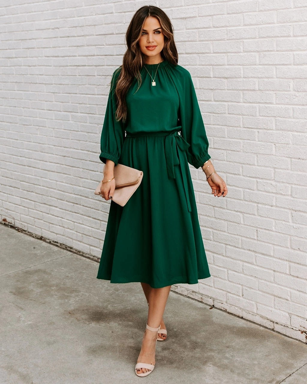 Mock Neck Long Sleeve Belted A-Line Midi Dress