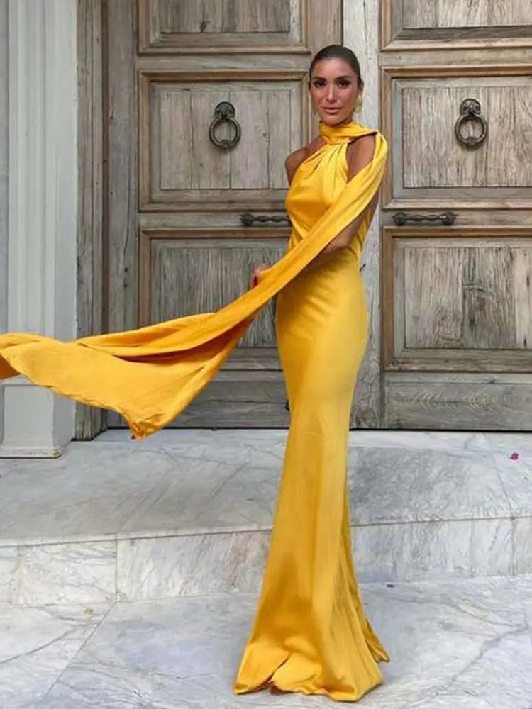 Satin Halter Neck Asymmetric Draped Sash Floor Length Gown